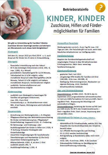 Kinder, Kinder – Zuschüsse, Hilfen und Fördermöglichkeiten für Familien inkl. Musteraushang für Betriebsräte und Personalräte zum Download