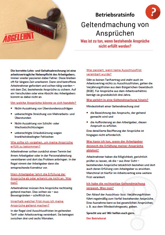 Geltendmachung von Ansprüchen von Arbeitnehmern, Musteraushang für Betriebsräte und Personalräte