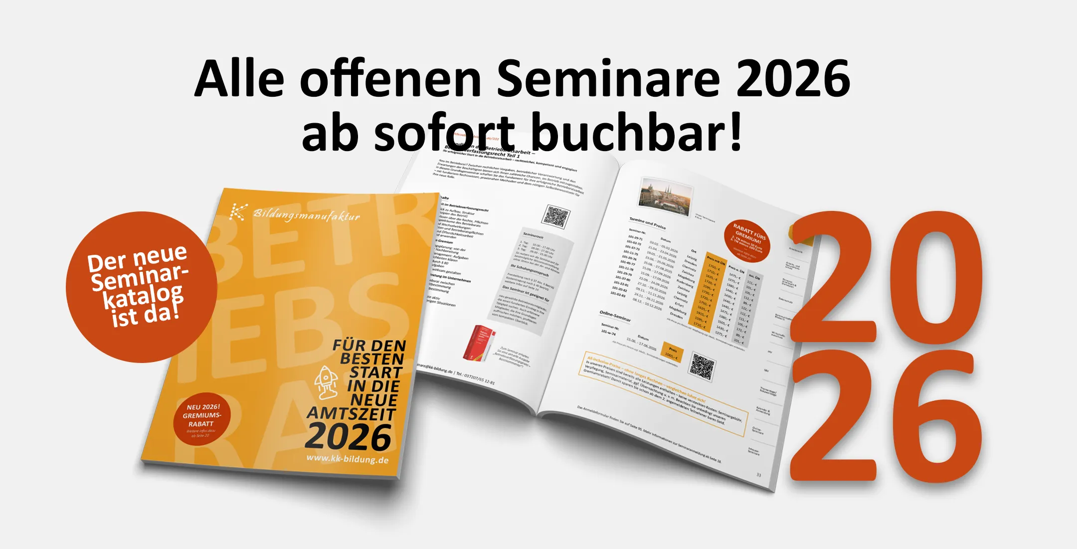 Seminarkatalog der K&K Bildungsmanufaktur GmbH 2026 mit Überschrift "Alle offenen Seminare 2026 ab sofort buchbar" Mit Klick auf das Bild kommt man zur Seminarplanbestellung