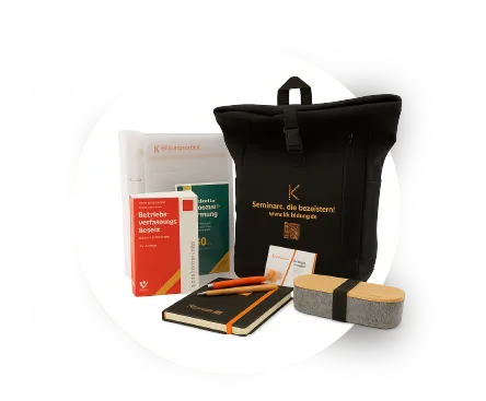 Das gibts zu ausgewählten Seminaren dazu: Rucksack, Schreibset, Memobox, Fachliteratur, Notizbuch, Seminarhefter
